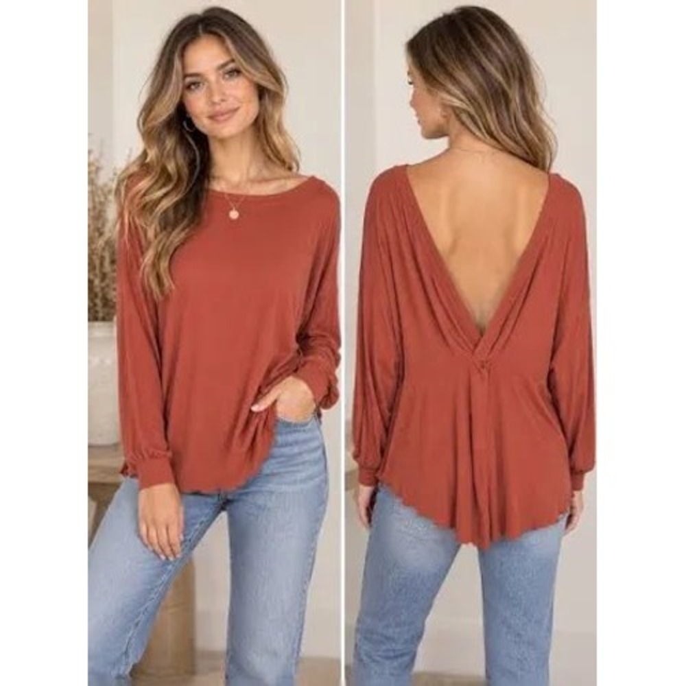 Free People Womens Top S Rust Twisted Deep V-Back Long Sleeve Boho Blouse